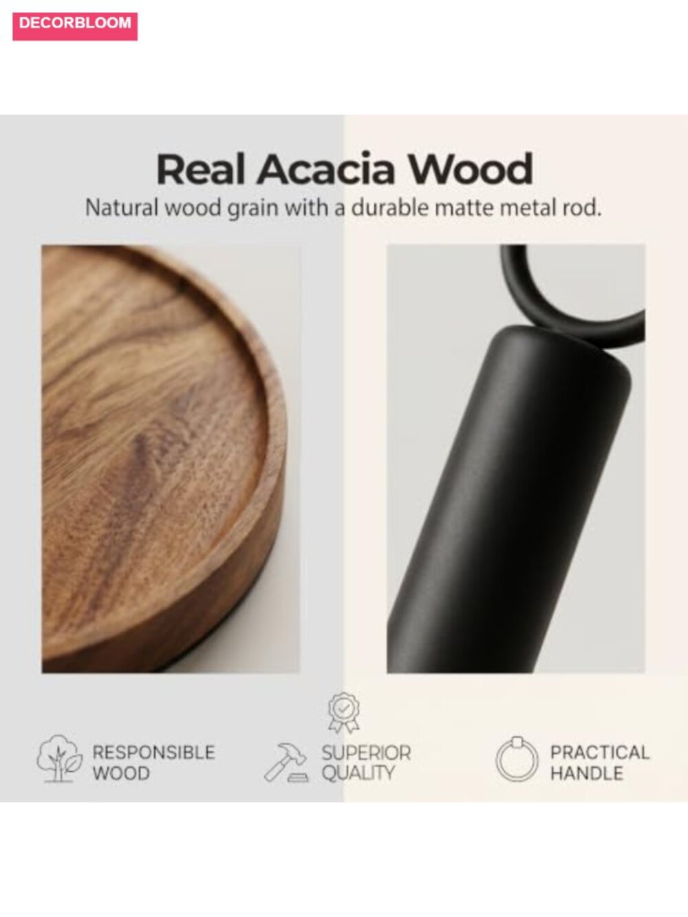 Solid Acacia Wood Paper Towel Holder with Metal Base, Freestanding Farmhouse - Picture 5 of 6